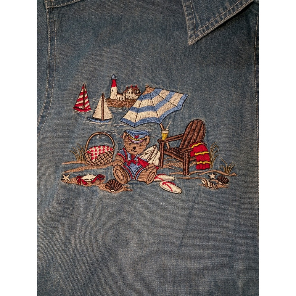VTG Cabin Creek Denim Shirt Sz 18 Teddy Bear Nautical Beach Y2K Coastal Grandma